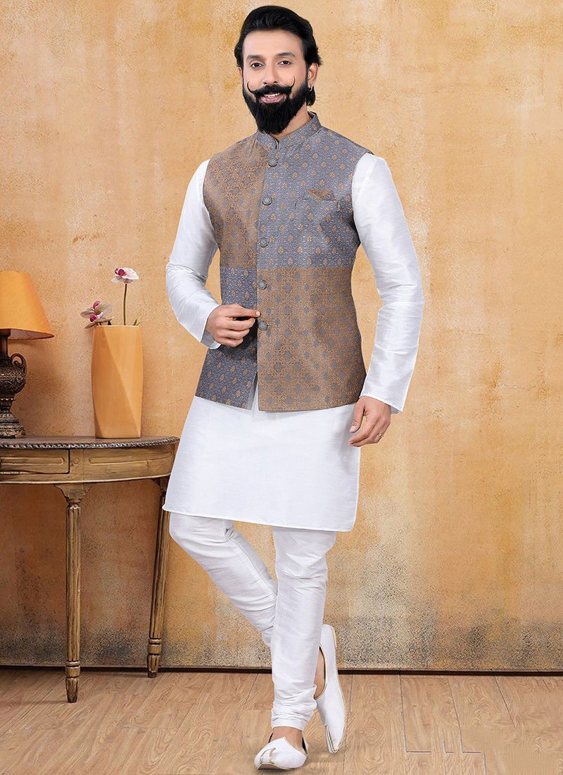 Gray And Antique Heavy Designer Fancy Festive Wear Kurta Pajama With Jacket  Collection 1294